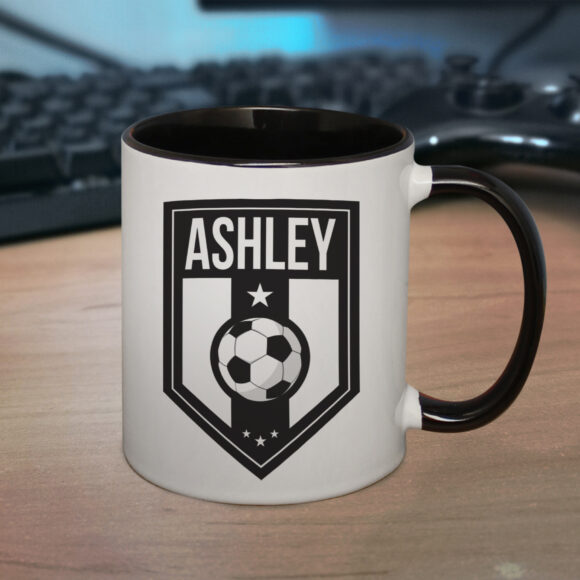 Personalised Football Badge Black Handled Mug