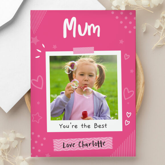 Personalised Pink Polaroid Wreath Photo Upload Greeting Card