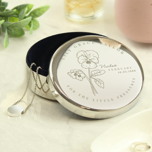 Personalised February Birth Flower Round Trinket Box