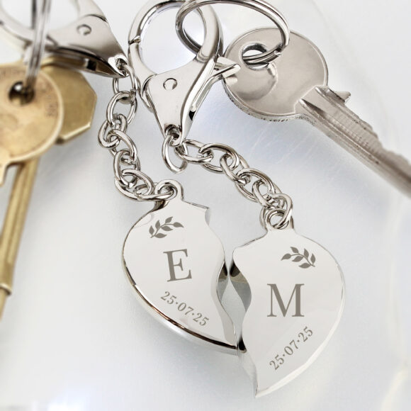 Personalised Foliage Two Hearts Keyring