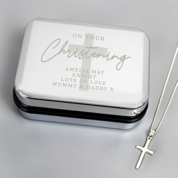 Personalised Christening Trinket Box & Sterling Silver Cross Necklace Set