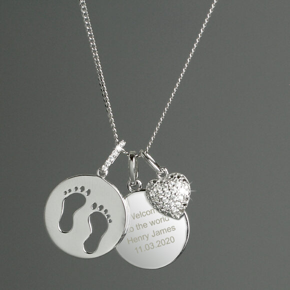 Personalised Sterling Silver Footprints and Cubic Zirconia Heart Necklace