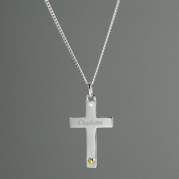 Personalised Sterling Silver Cross with 9ct Gold Heart & CZ Necklace