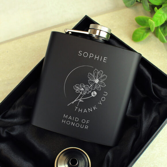 Personalised Monochrome Floral Wedding Party Black Hip Flask