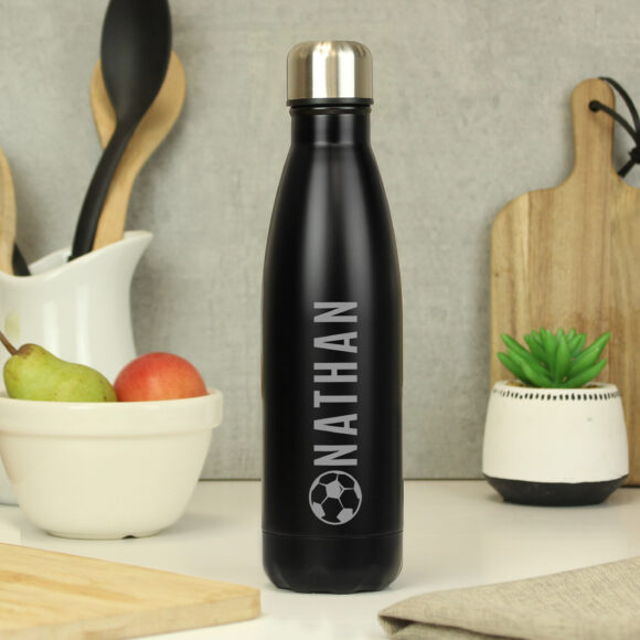 Personalised Football Black Metal Insulated Drinks Bottle