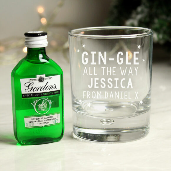 Personalised Gingle Bells Bubble Glass & Gin Miniature Set