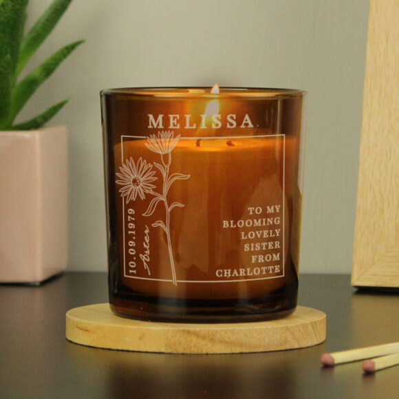 Personalised September Birth Flower Amber Glass Candle