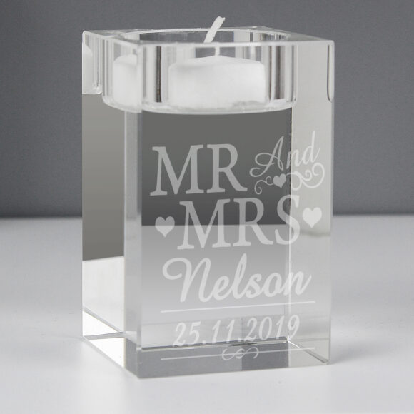 Personalised Mr & Mrs Glass Tea Light Candle Holder