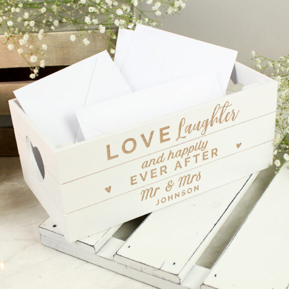 Personalised Love Laughter & ... White Wooden Crate