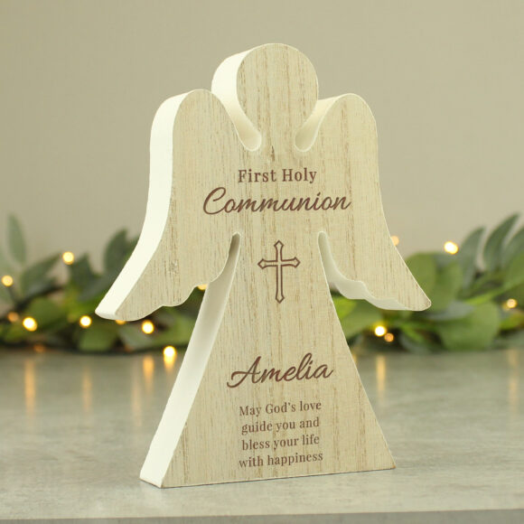 Personalised First Holy Communion Rustic Wooden Angel Decoration