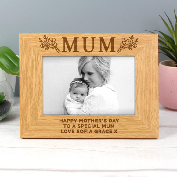 Personalised Floral Mum 6x4 Oak Finish Photo Frame