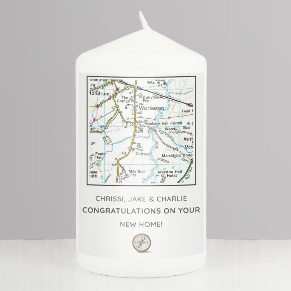 Personalised Present Day Map Compass Pillar Candle