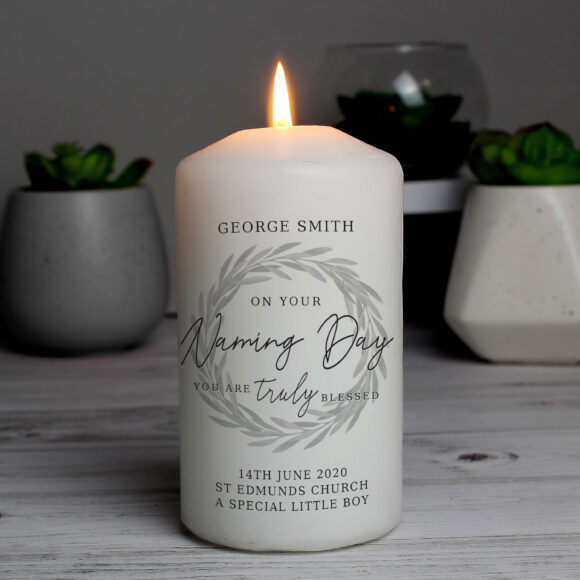 Personalised Truly Blessed Naming Day Pillar Candle