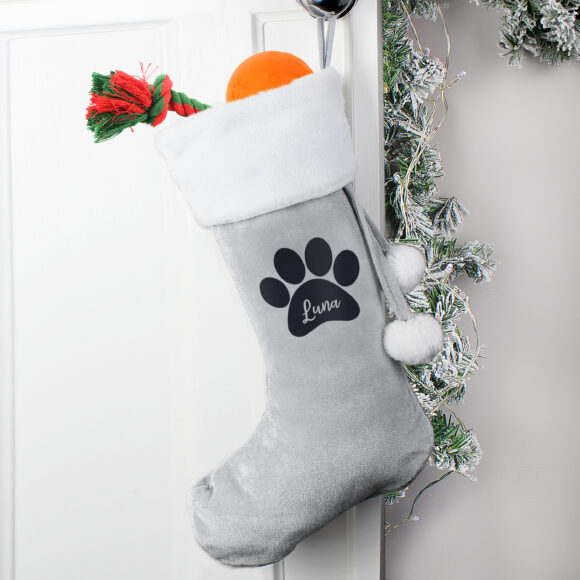 Personalised Paw Print Silver Grey Stocking