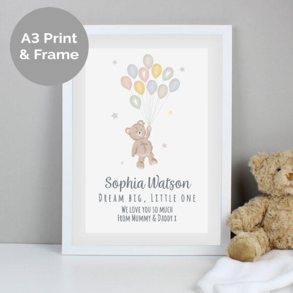 Personalised Teddy & Balloons A3 White Framed Print