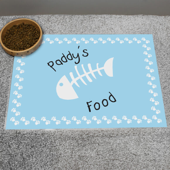 Personalised Blue Fish Bone Cat Pet Bowl Mat