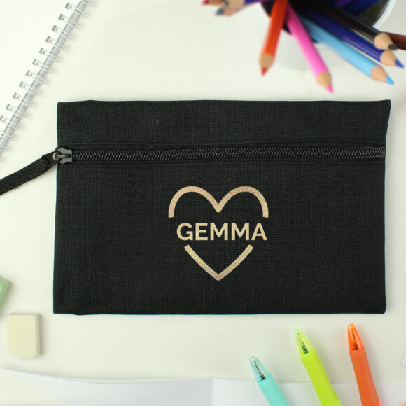 Personalised Gold Heart Black Pencil Case