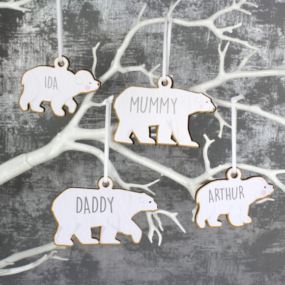 Personalised Set of Four Polar Bear Family Wooden Hanging Decorations