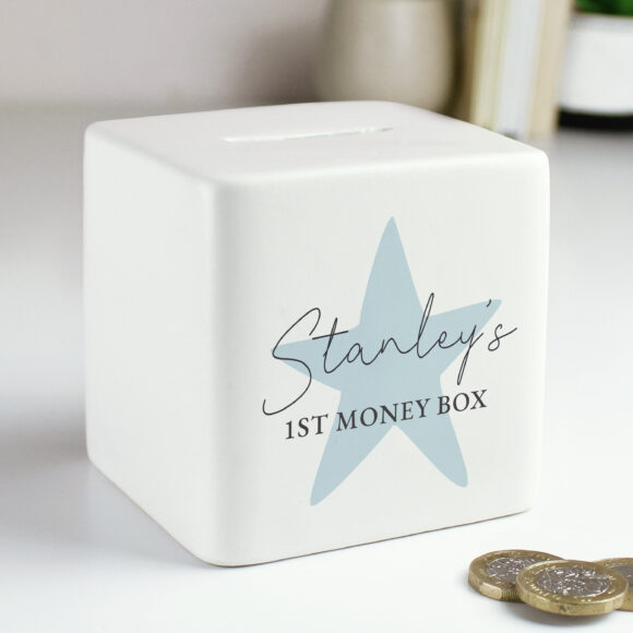 Personalised Blue Star Ceramic Square Money Box