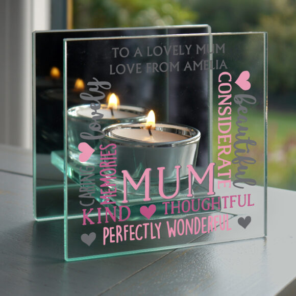 Personalised Mum Mirrored Glass Tea Light Holder