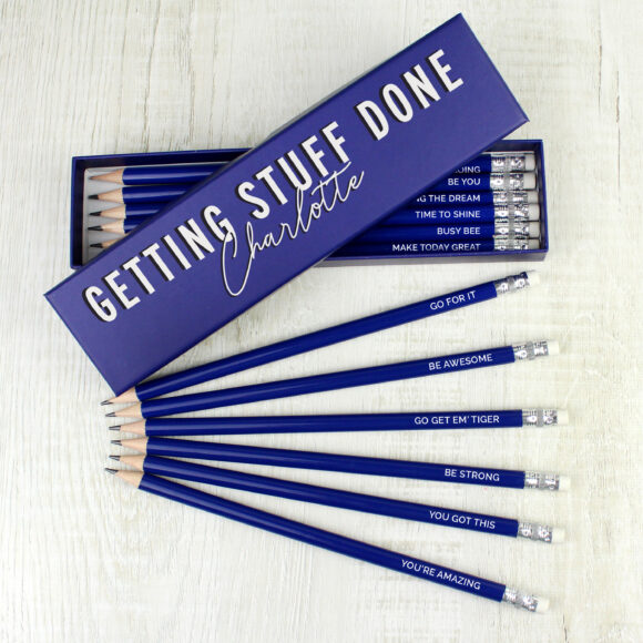 Personalised Getting Stuff Done Box and 12 Blue HB Pencils