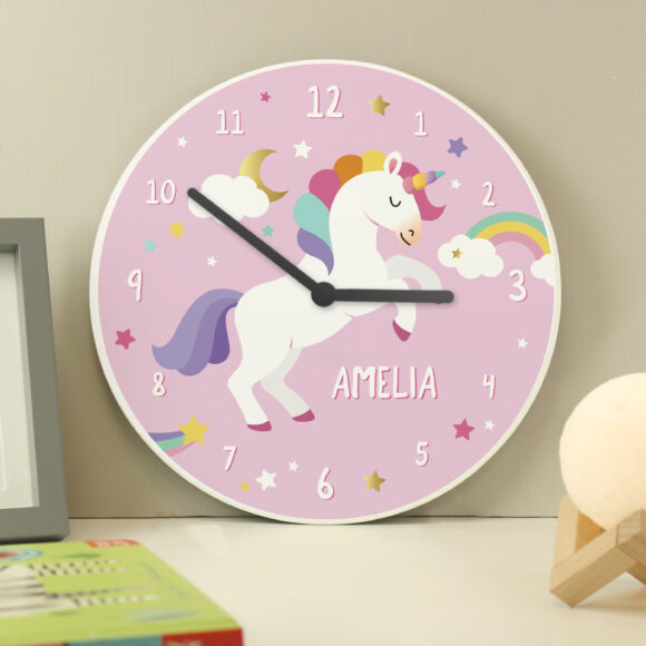 Personalised Unicorn Wooden Childrens Clock