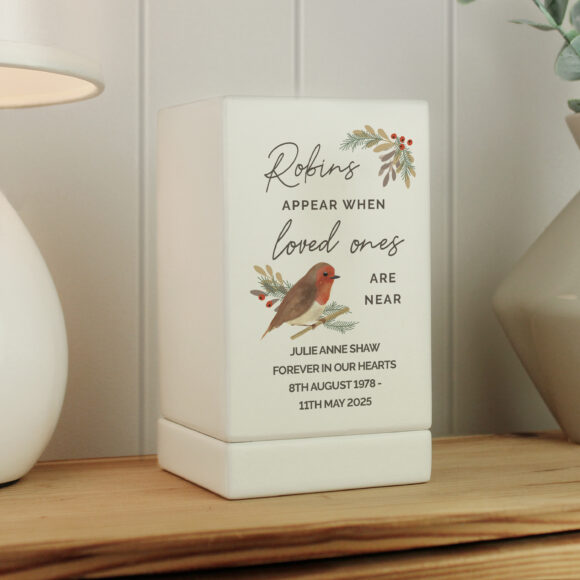 Personalised Robins Appear Small Wooden Urn